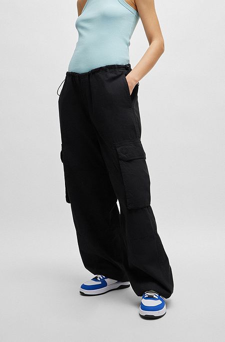 Oversized-fit parachute trousers in cotton poplin, Black