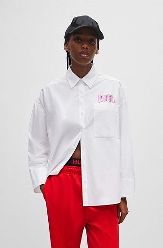 Oversized-fit blouse in cotton canvas with seasonal logo, White