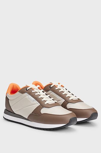 Mixed-material trainers with pop-colour details, Light Brown