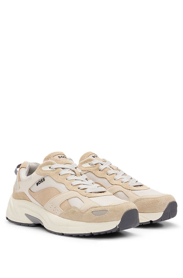 Running-style trainers in mixed leathers with mesh trims, Light Beige