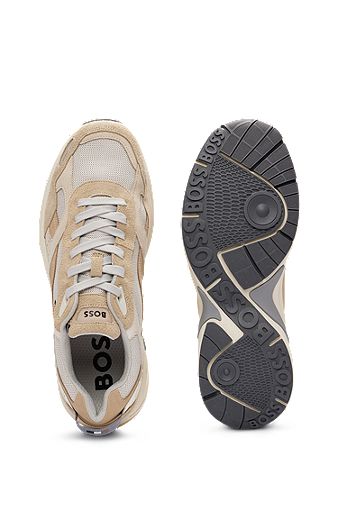 Running-style trainers in mixed leathers with mesh trims, Light Beige