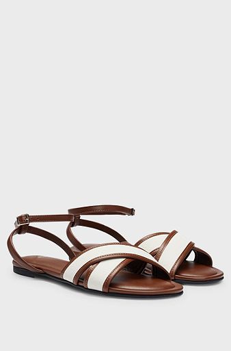 Structured-canvas sandals with leather trims and branding, Brown