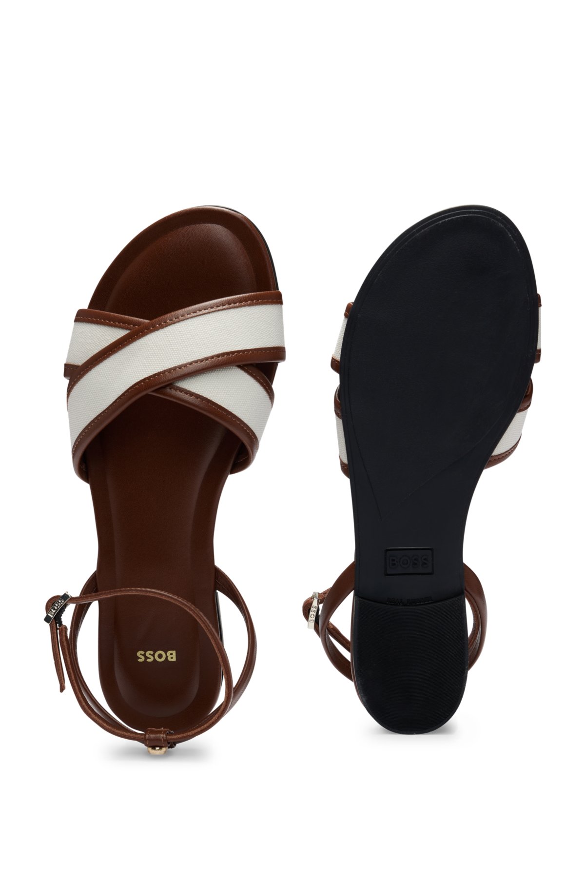 Structured-canvas sandals with leather trims and branding, Brown