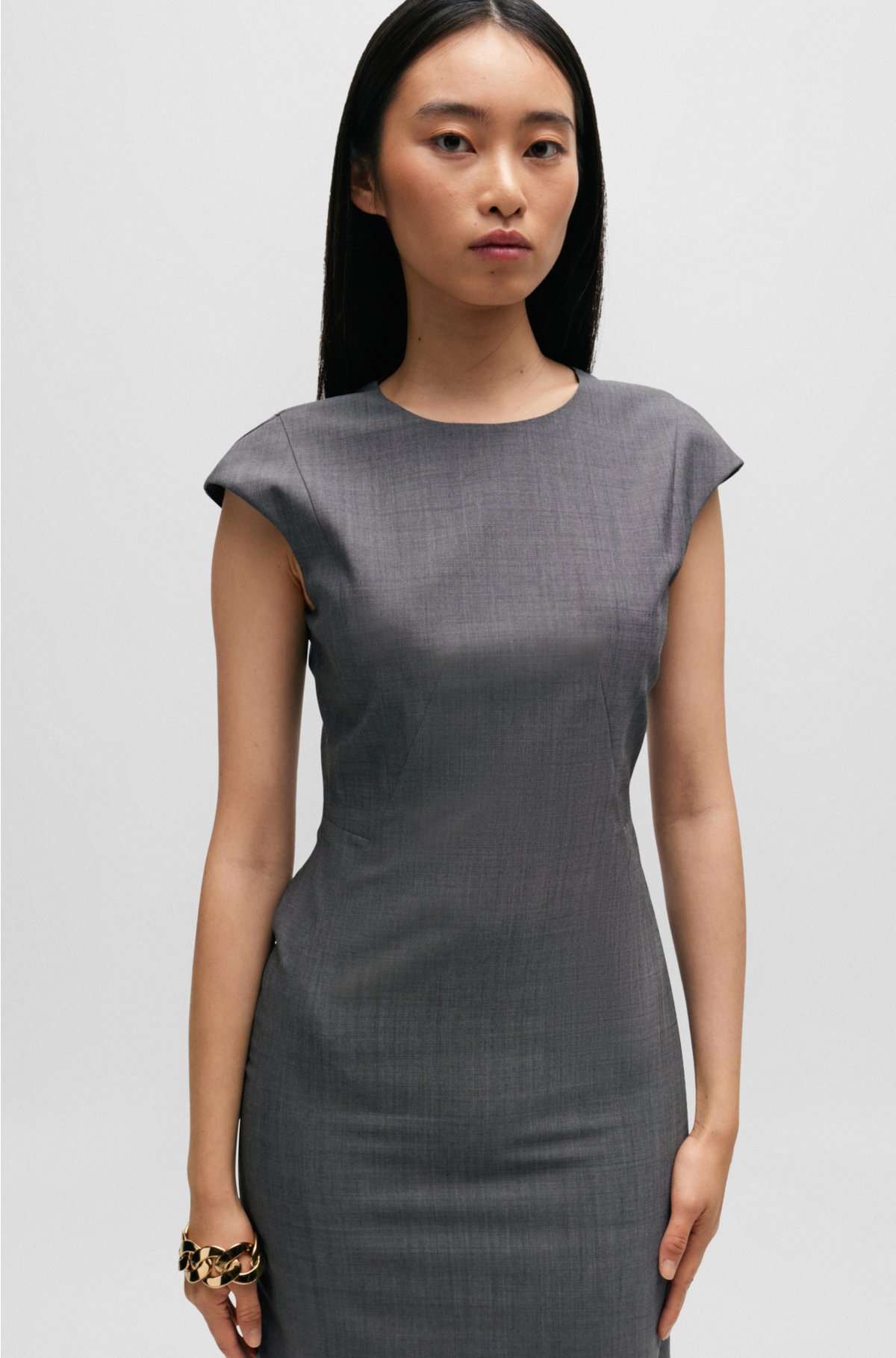 Cap-sleeve shift dress in virgin wool, Grey