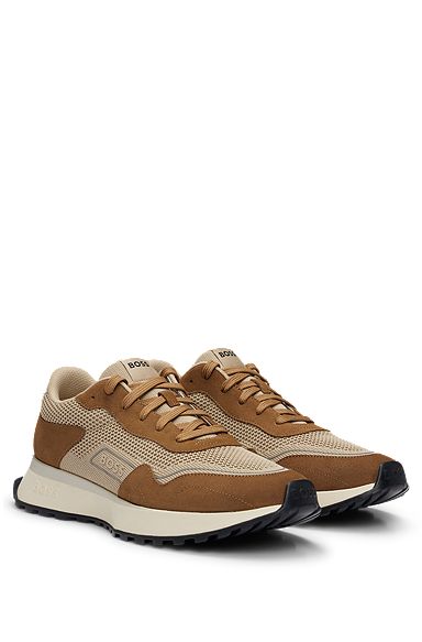 Mixed-material trainers with suede and faux leather, Light Brown