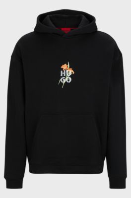 Cotton-blend oversized-fit hoodie with floral artwork, Black