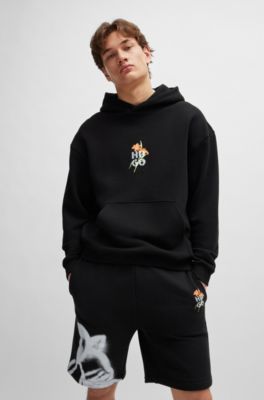 Cotton-blend oversized-fit hoodie with floral artwork, Black