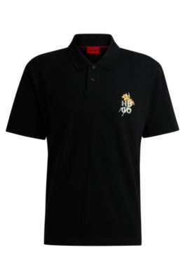 Cotton-piqu&eacute; polo shirt with logo artwork, Black