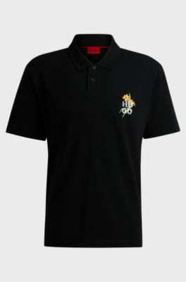 Cotton-piqu&eacute; polo shirt with logo artwork, Black