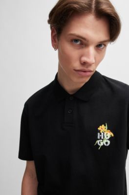Cotton-piqu&eacute; polo shirt with logo artwork, Black