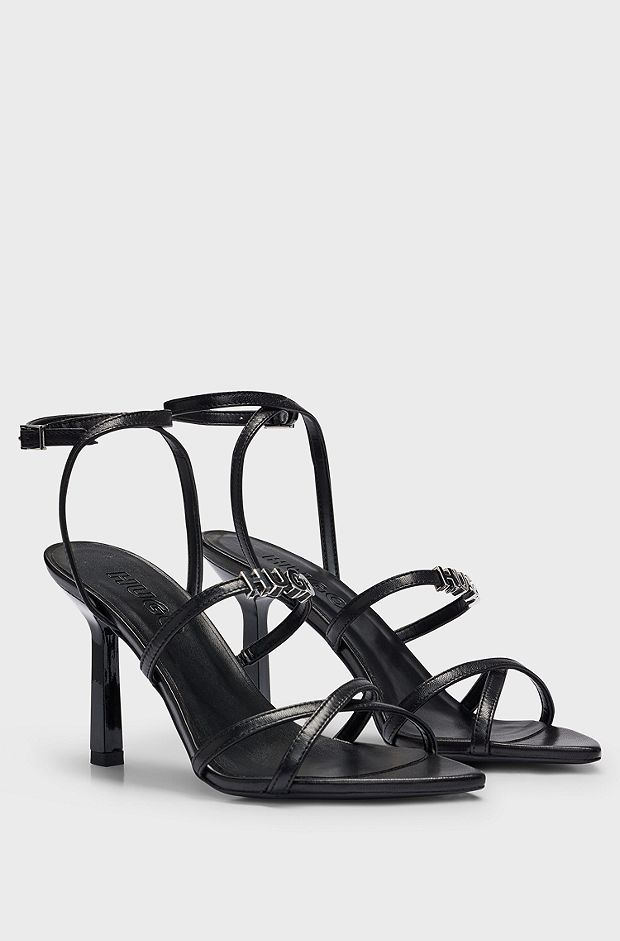 Nappa-leather strappy sandals with logo trim, Black