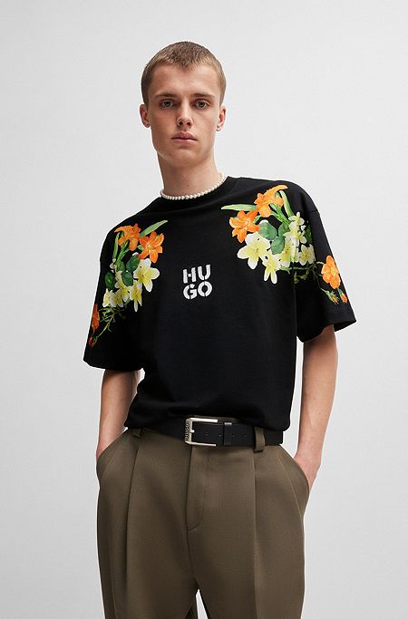 Cotton-jersey T-shirt with floral print and stacked logo, Black