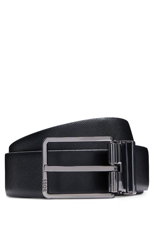 Italian-leather reversible belt with two buckles, Black