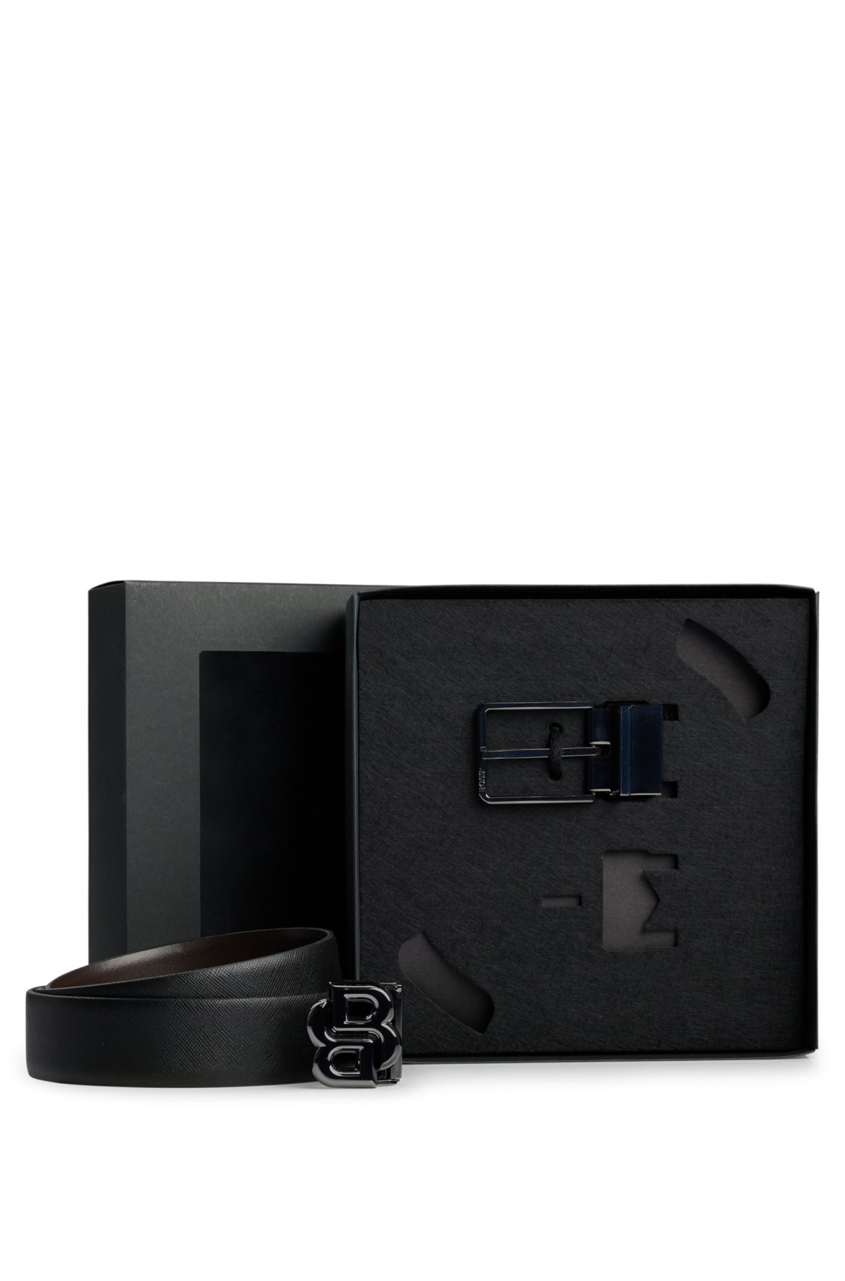 Italian-leather reversible belt with two buckles, Black