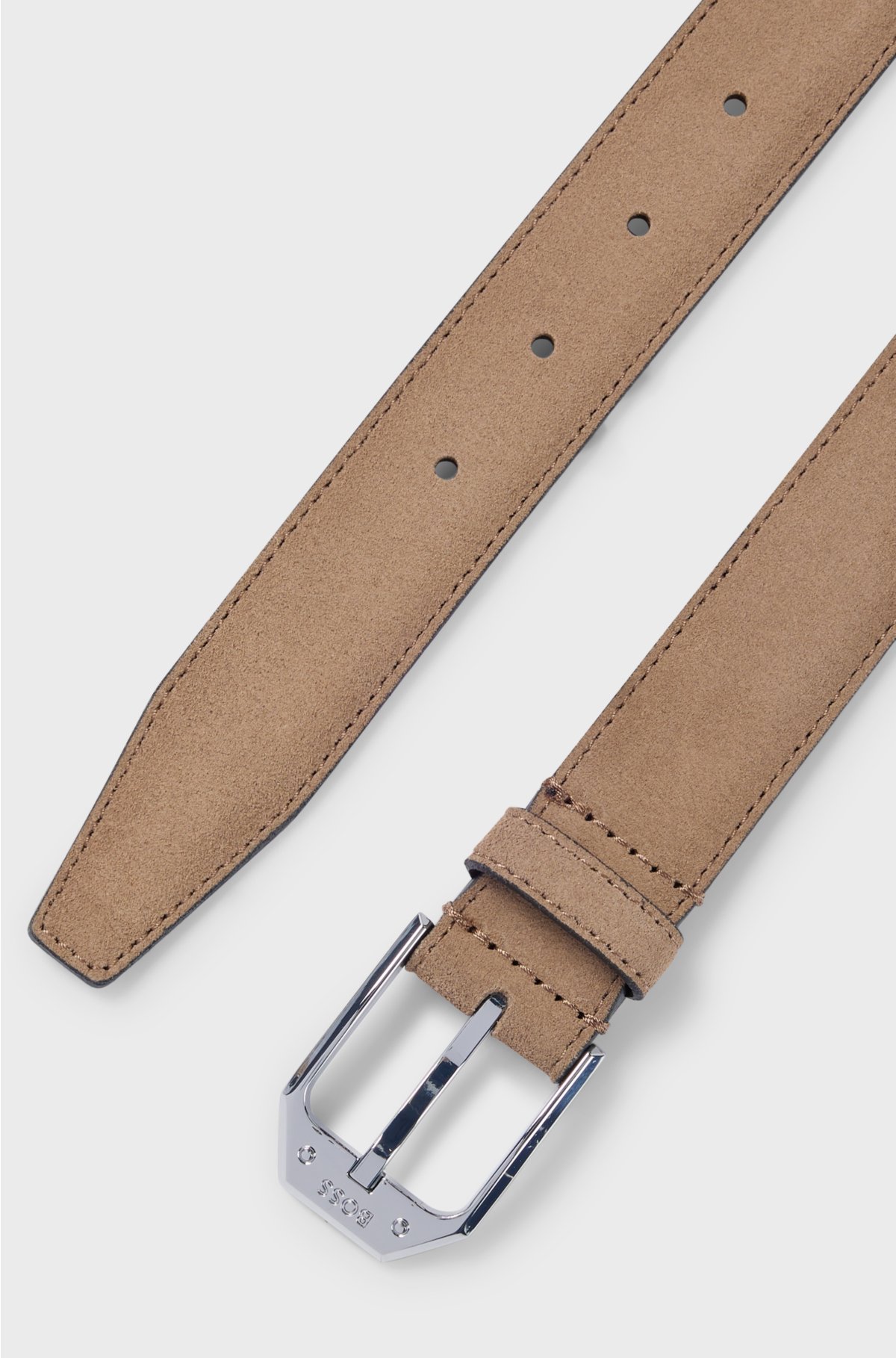 Italian-made suede belt with angular branded buckle, Beige