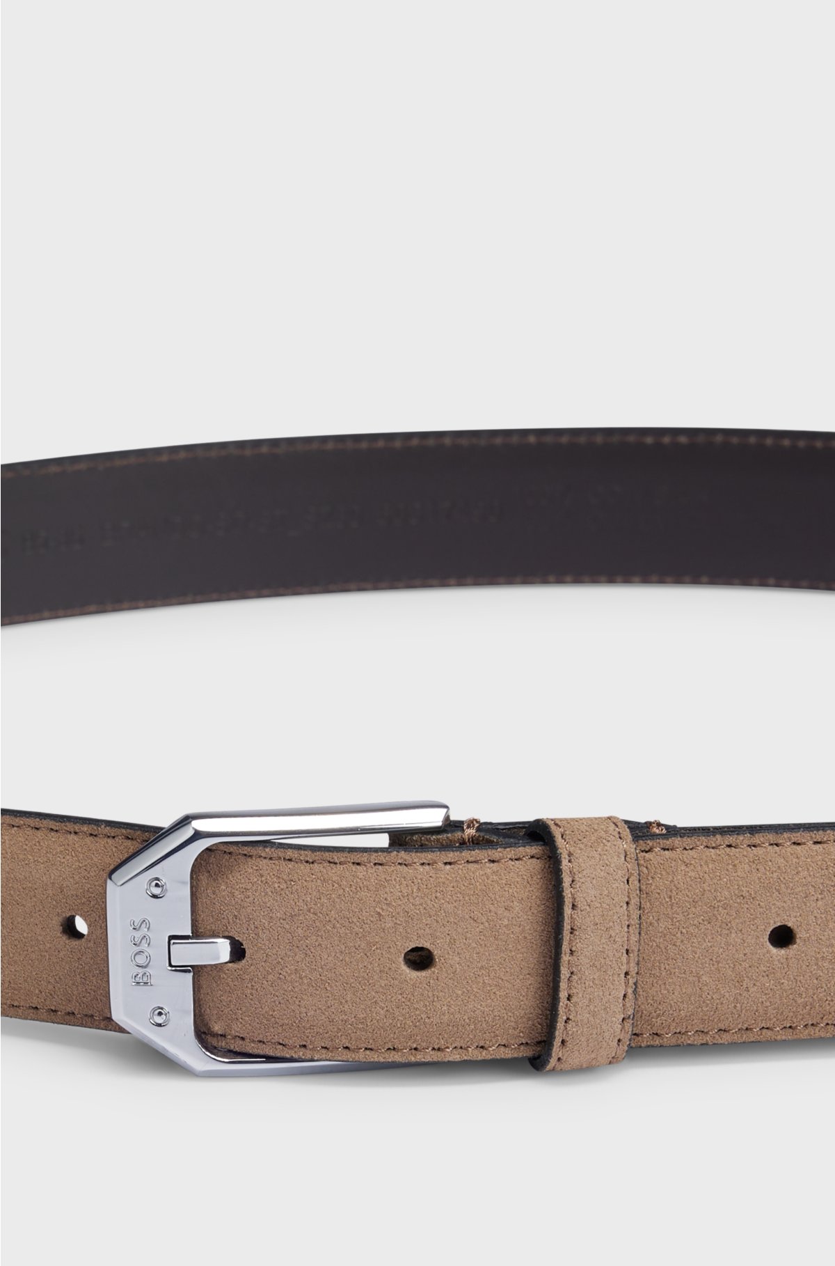 Italian-made suede belt with angular branded buckle, Beige