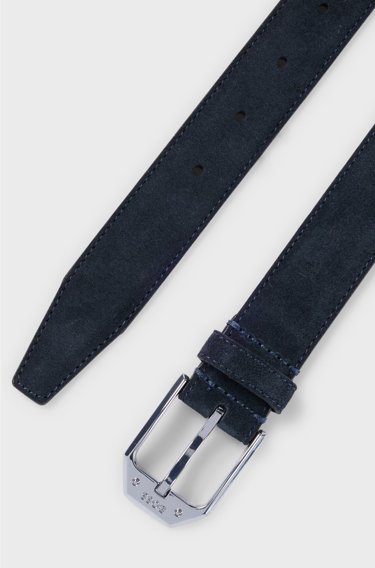 Italian-made suede belt with angular branded buckle, Dark Blue