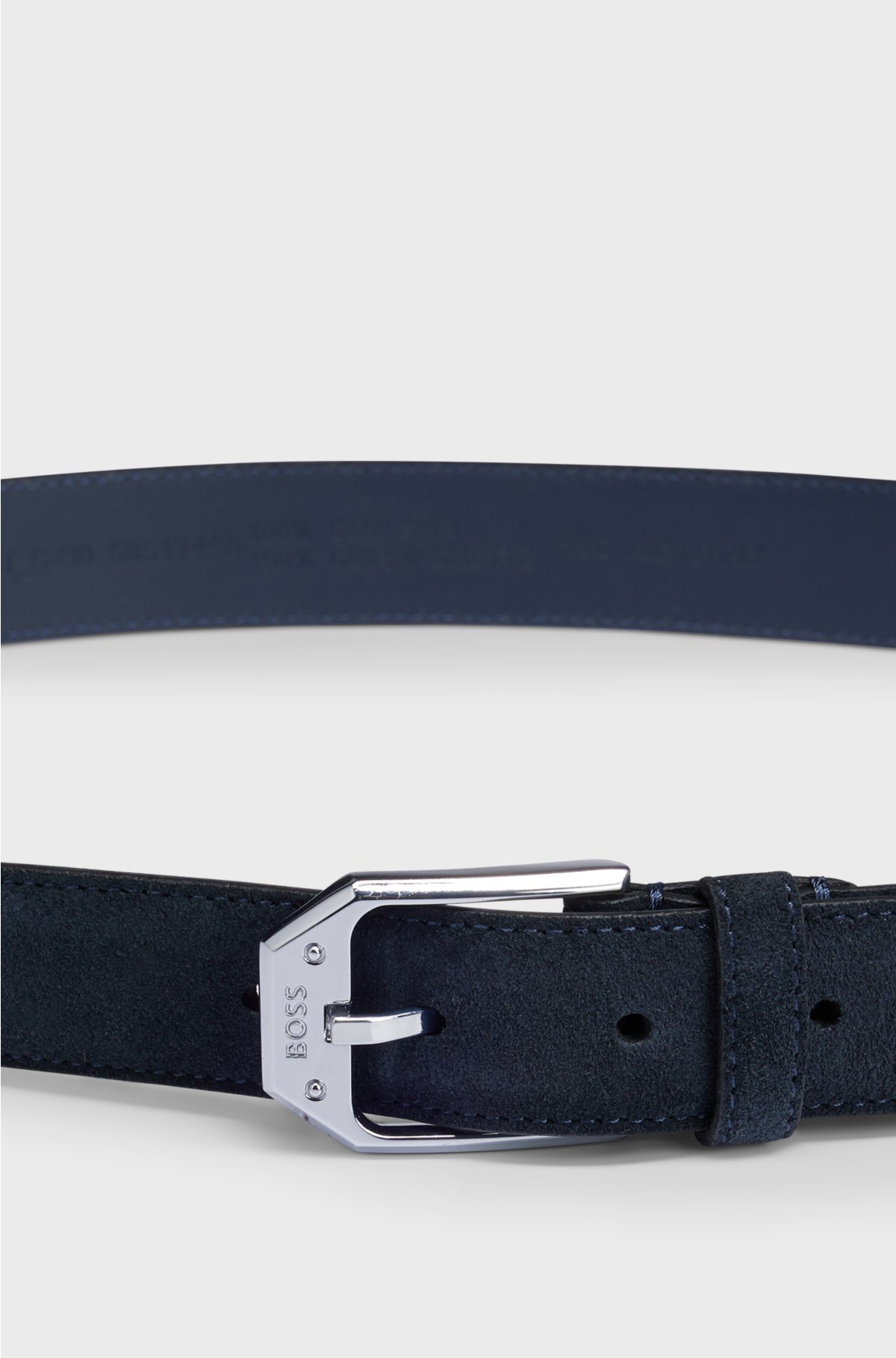 Italian-made suede belt with angular branded buckle, Dark Blue