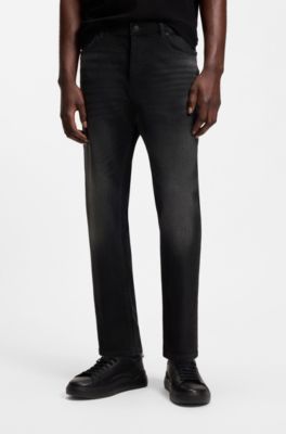 Jeans con fit affusolato in denim elasticizzato nero, Nero