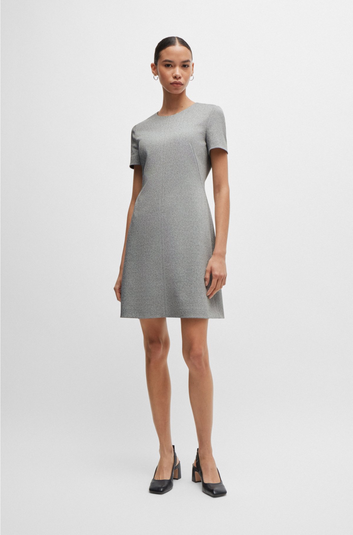 Short-sleeved dress in herringbone jersey, Light Grey