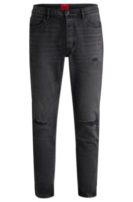 HUGO Tapered fit jeans in black distressed denim Dark Grey