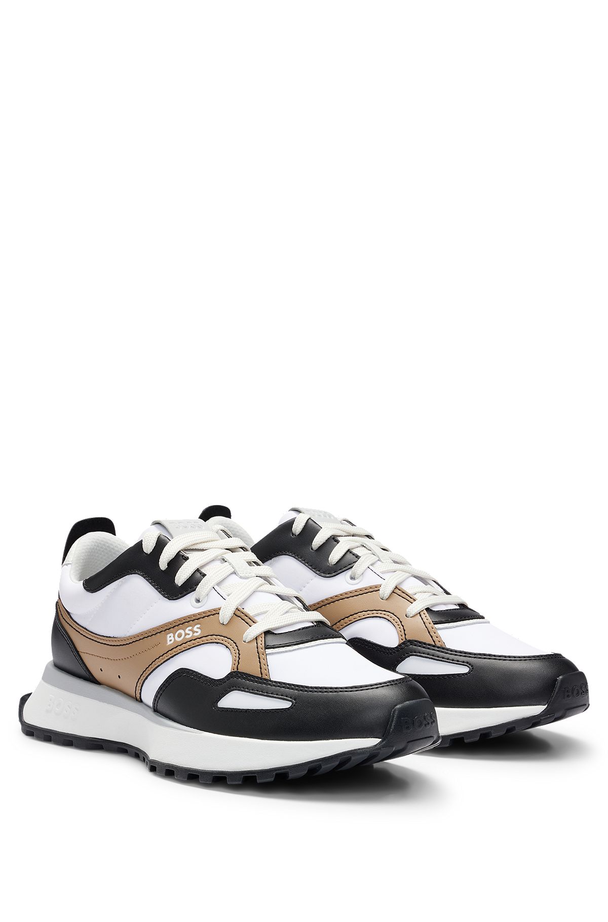 Mixed-material trainers in signature colours, Light Brown