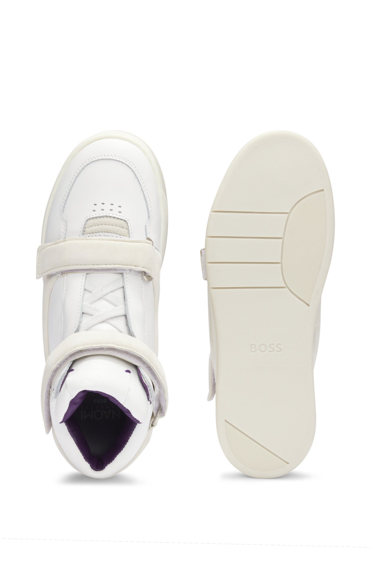NAOMI x BOSS leather high-top trainers with riptape straps, White