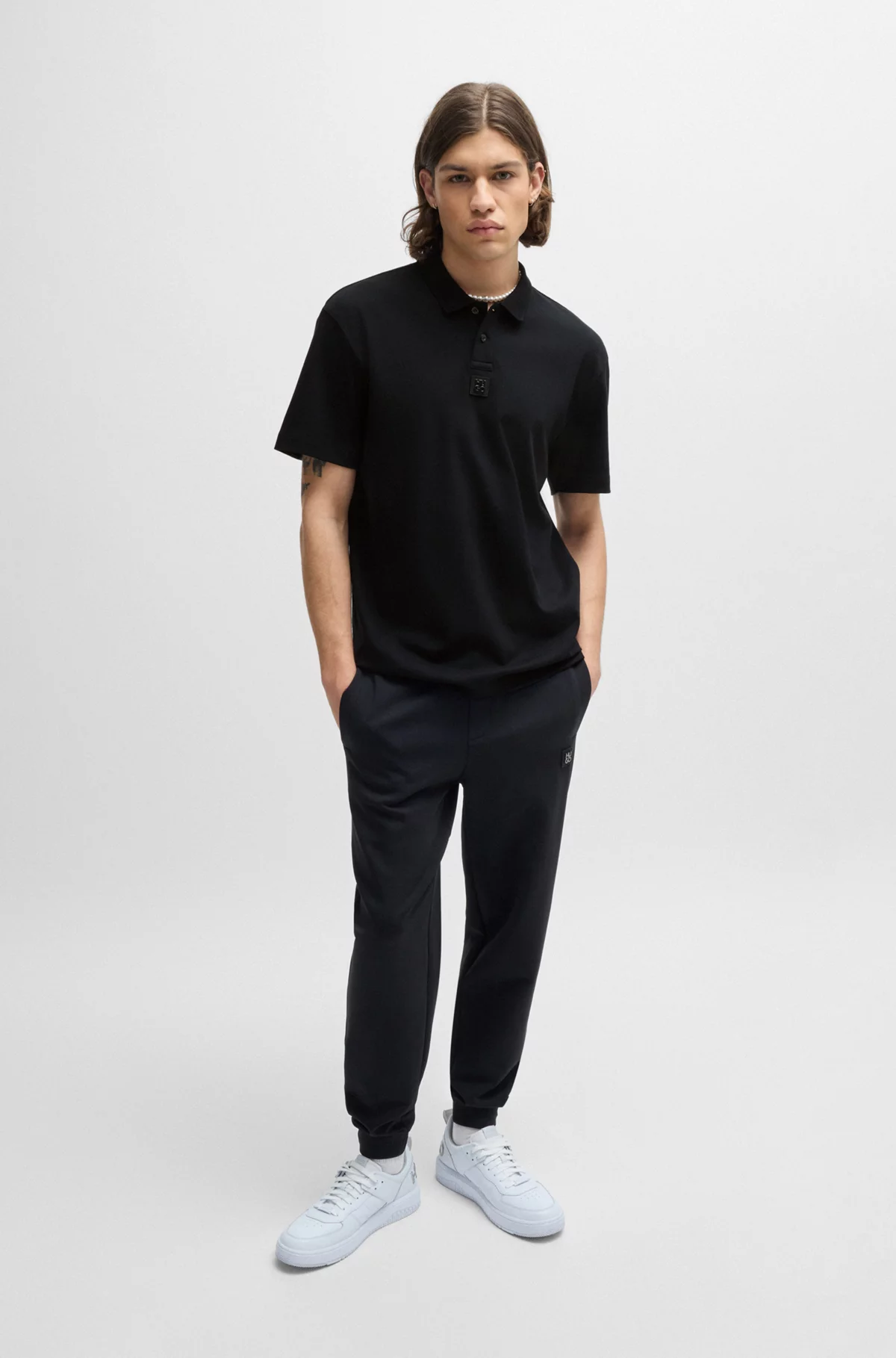 Interlock-cotton polo shirt with stacked logo, Black