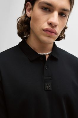 Interlock-cotton polo shirt with stacked logo, Black