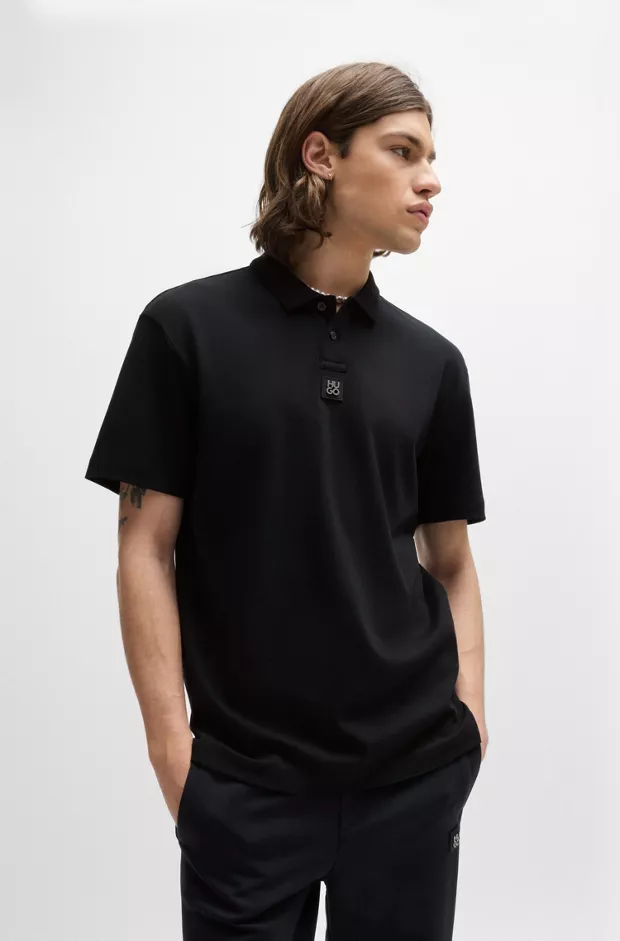 Interlock-cotton polo shirt with stacked logo, Black