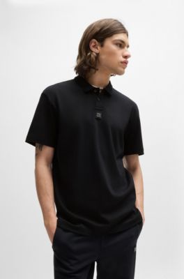 Interlock-cotton polo shirt with stacked logo, Black