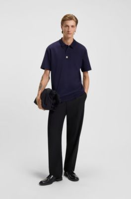 Interlock-cotton polo shirt with stacked logo, Dark Blue