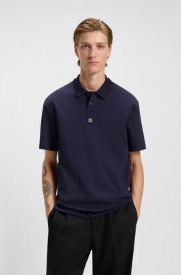 Interlock-cotton polo shirt with stacked logo, Dark Blue