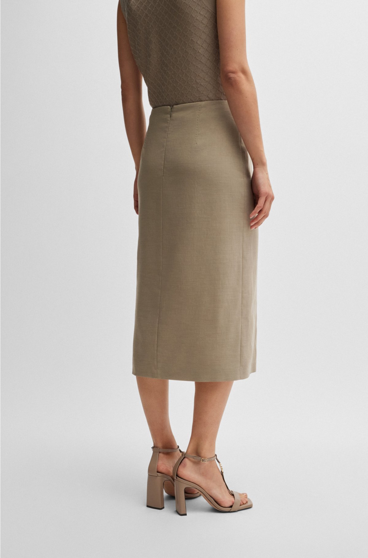 Pencil skirt in wool, linen and stretch, Light Brown