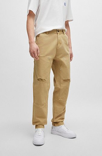 Cotton-canvas trousers with distressed details, Beige
