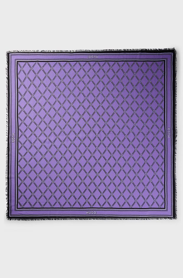 Square scarf with logo print and fringed edging, Purple
