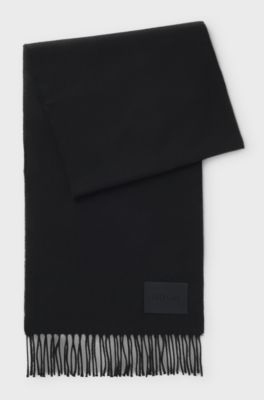 Italian-made wool scarf with woven logo patch, Black