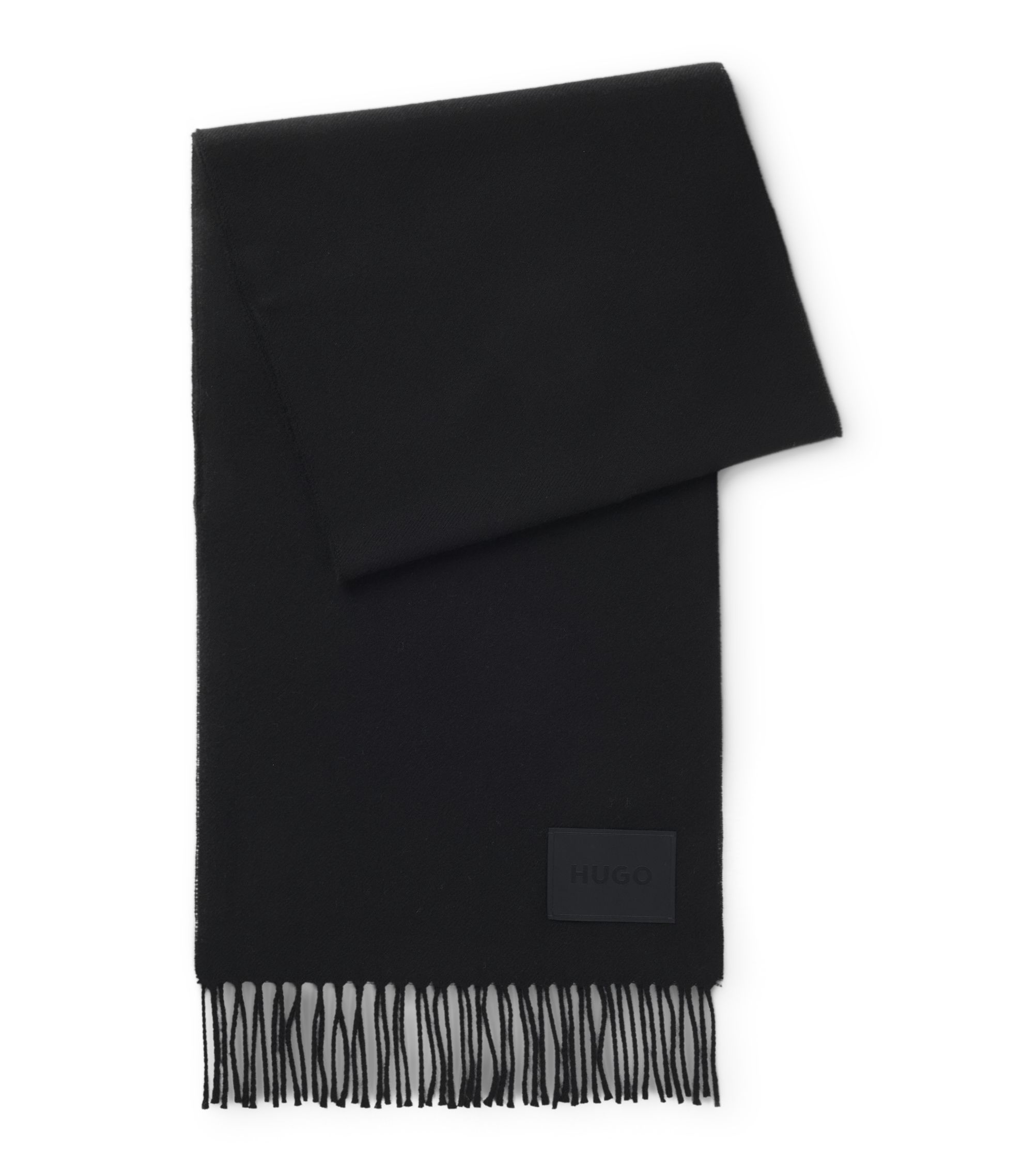 未使用✨HUGO BOSS マフラー ウール100% 格子柄 チャコールグレー HUGO - Italian-made wool scarf with woven logo patch - Black