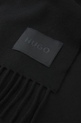 Italian-made wool scarf with woven logo patch, Black