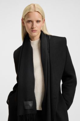 Italian-made wool scarf with woven logo patch, Black