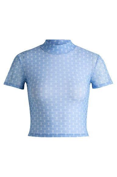 Cropped top in printed stretch mesh, Light Blue