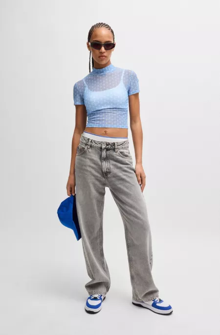 Cropped top in logo-print stretch mesh