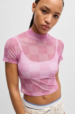 Cropped top in logo-print stretch mesh, light pink