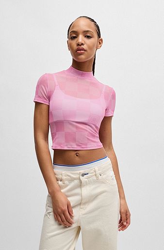 Cropped top in printed stretch mesh, Pink Patterned