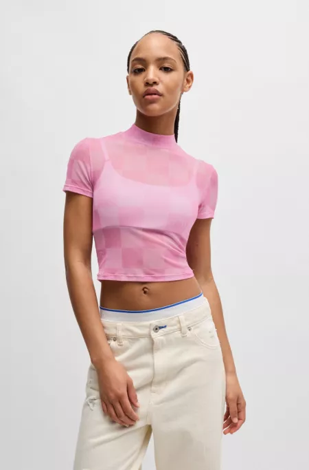 Cropped top in logo-print stretch mesh