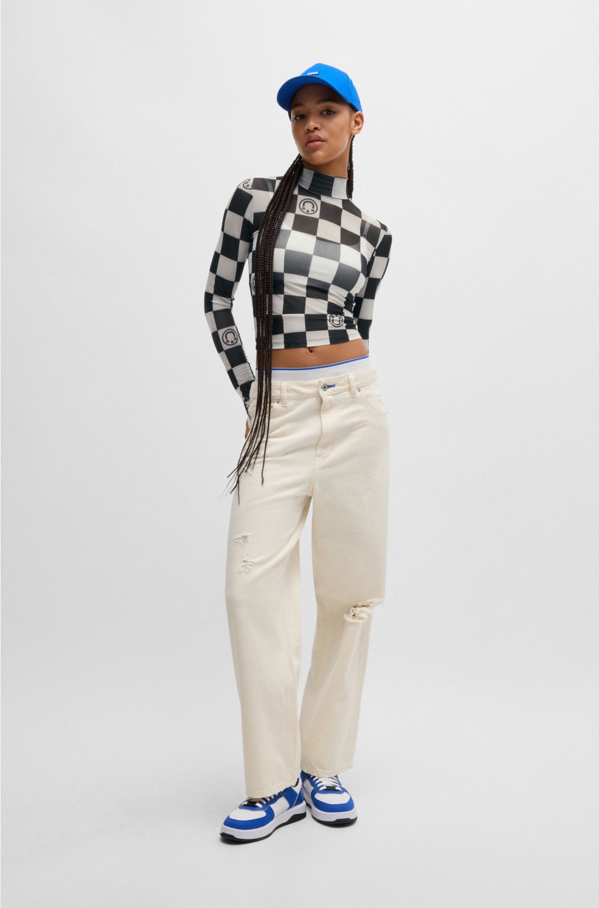 Cropped long-sleeved top in printed stretch mesh, Black Patterned
