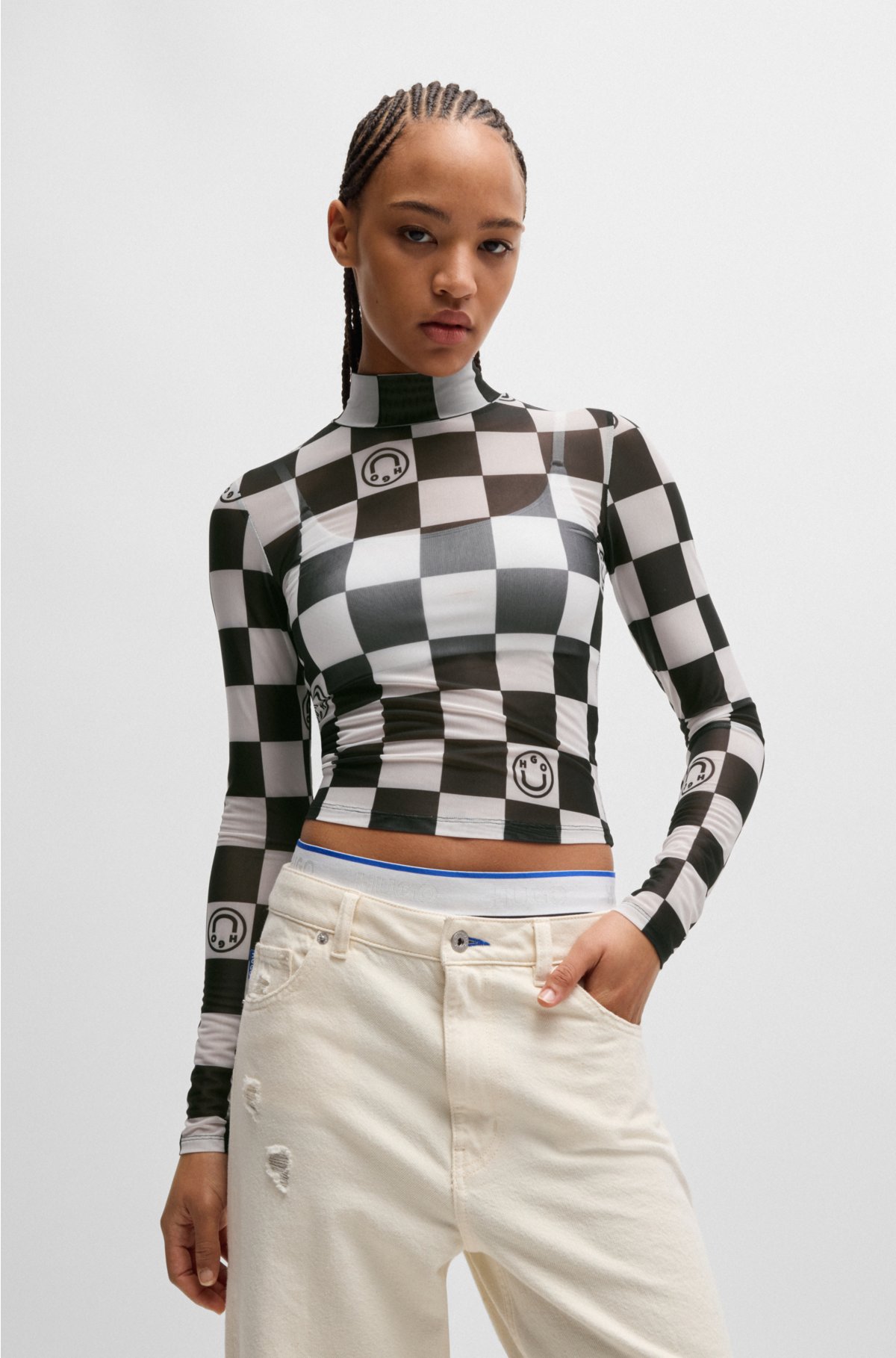 Cropped long-sleeved top in printed stretch mesh, Black Patterned