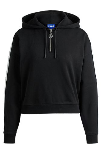Zip-neck hoodie in stretch cotton with logo tape, Black