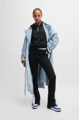 Zip-neck hoodie in stretch cotton with logo tape, Black