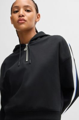 Zip-neck hoodie in stretch cotton with logo tape, Black